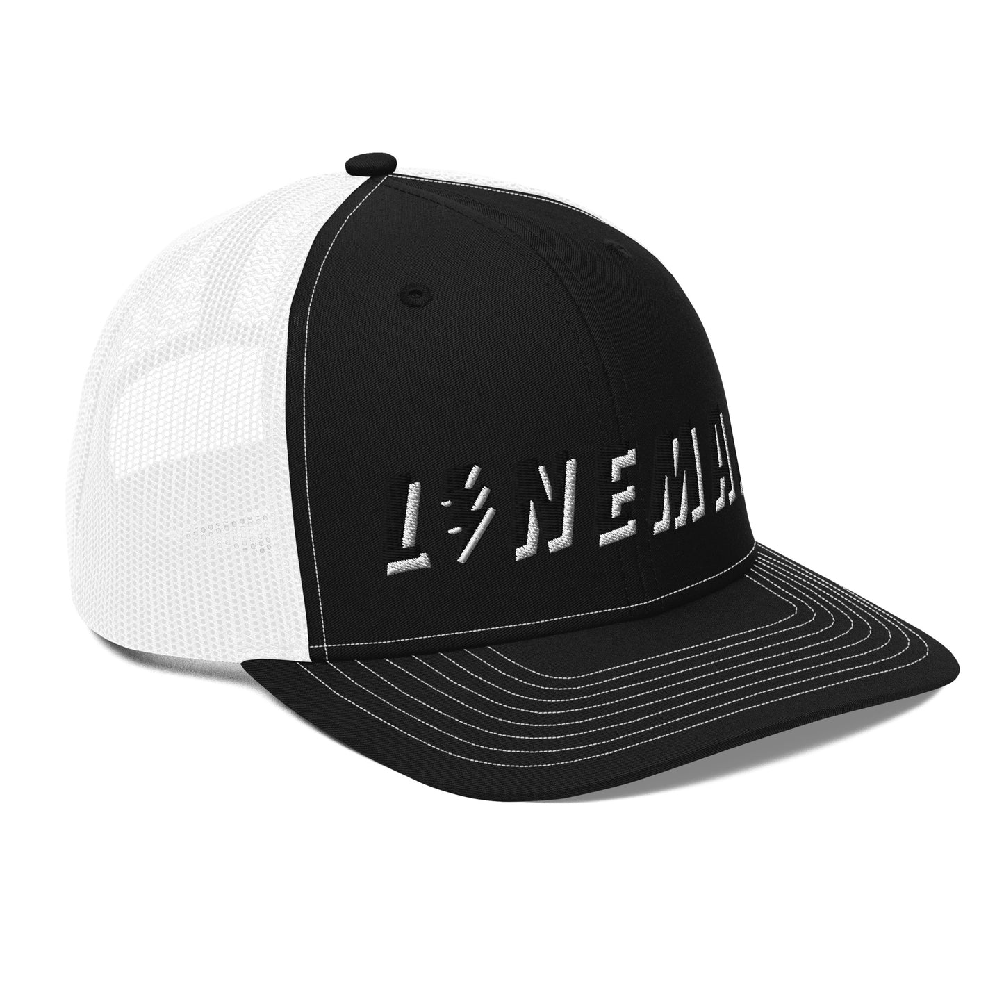 side of lineman hat with embroidered text and lightning bolt symbol replacing the letter i. black front white back 