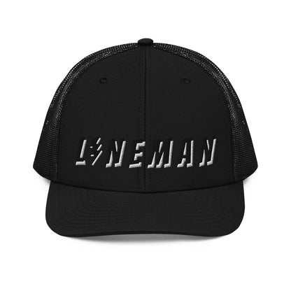 lineman hat with embroidered text and lightning bolt symbol replacing the letter i. all black