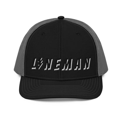 lineman hat with embroidered text and lightning bolt symbol replacing the letter i. black front grey back