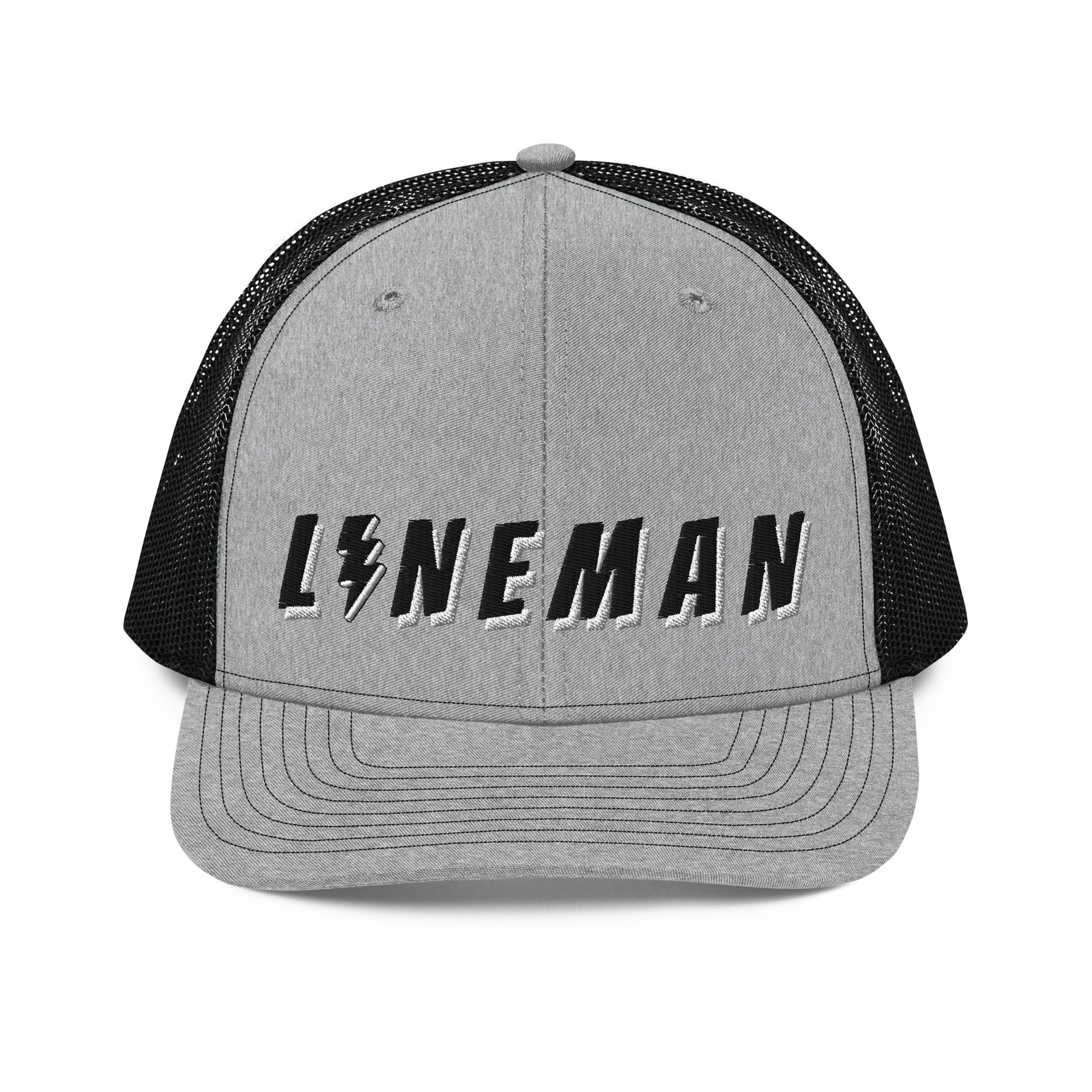lineman hat with embroidered text and lightning bolt symbol replacing the letter i. grey front black back