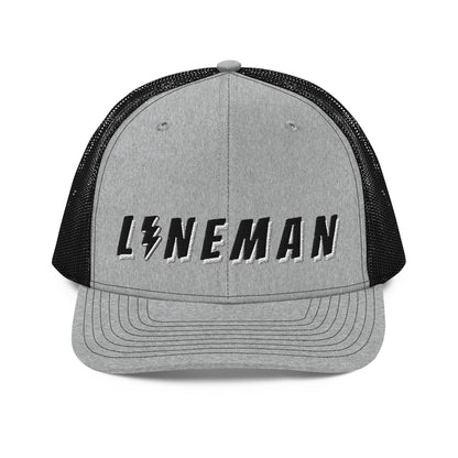 lineman hat with embroidered text and lightning bolt symbol replacing the letter i. grey front black back