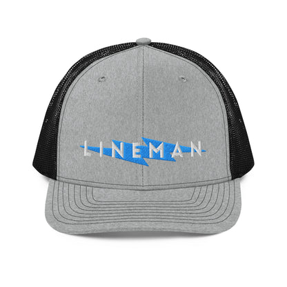 grey front black back trucker hat with lineman text and blue lightning bolt