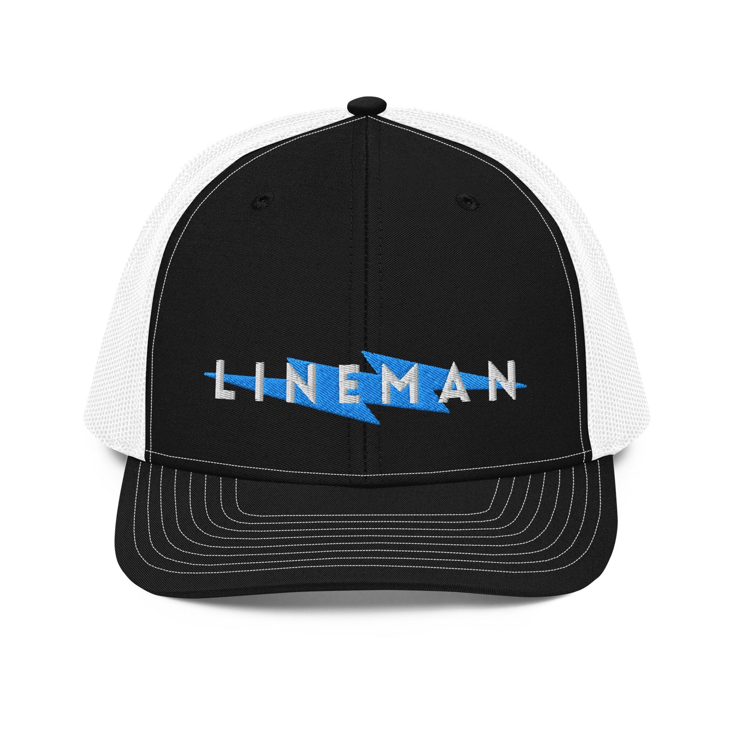 black front white back  trucker hat with lineman text and blue lightning bolt