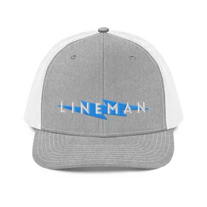 grey front white back trucker hat with lineman text and blue lightning bolt